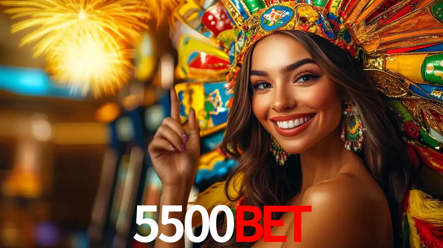 Mulher sorridente com um cocar de carnaval vibrante e colorido, celebrando uma grande vitória nos jogos do cassino 5500bet com fogos de artifício ao fundo.