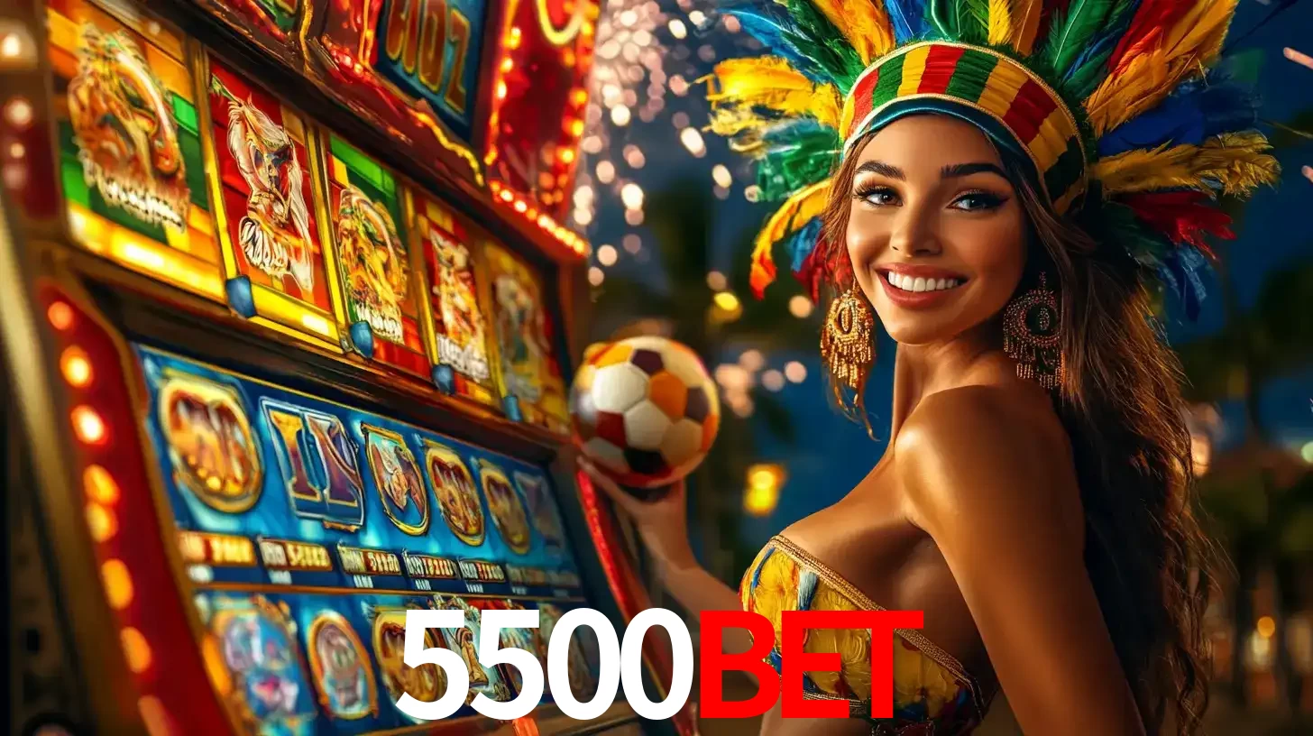 Mulher com um cocar de carnaval ao lado de uma máquina de caça-níqueis enquanto segura uma bola de futebol, mostrando a união da diversão de cassino e esportes no 5500bet.
