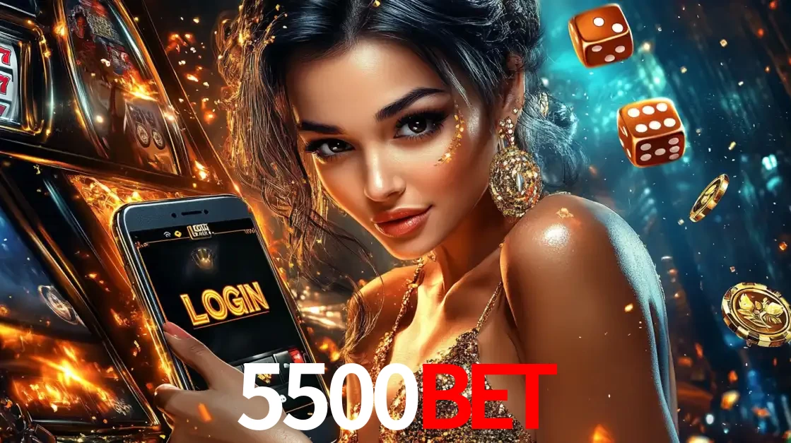Mulher glamourosa segurando um celular com a tela de login do cassino 5500bet, rodeada por dados e moedas douradas, pronta para começar a diversão.