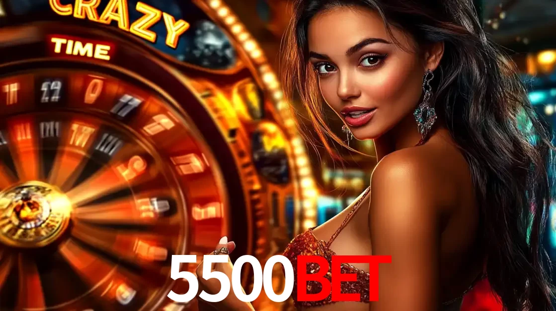 Mulher ao lado da roda de prêmios do jogo de cassino ao vivo Crazy Time, um dos shows de jogos mais emocionantes oferecidos pela plataforma de apostas 5500bet.