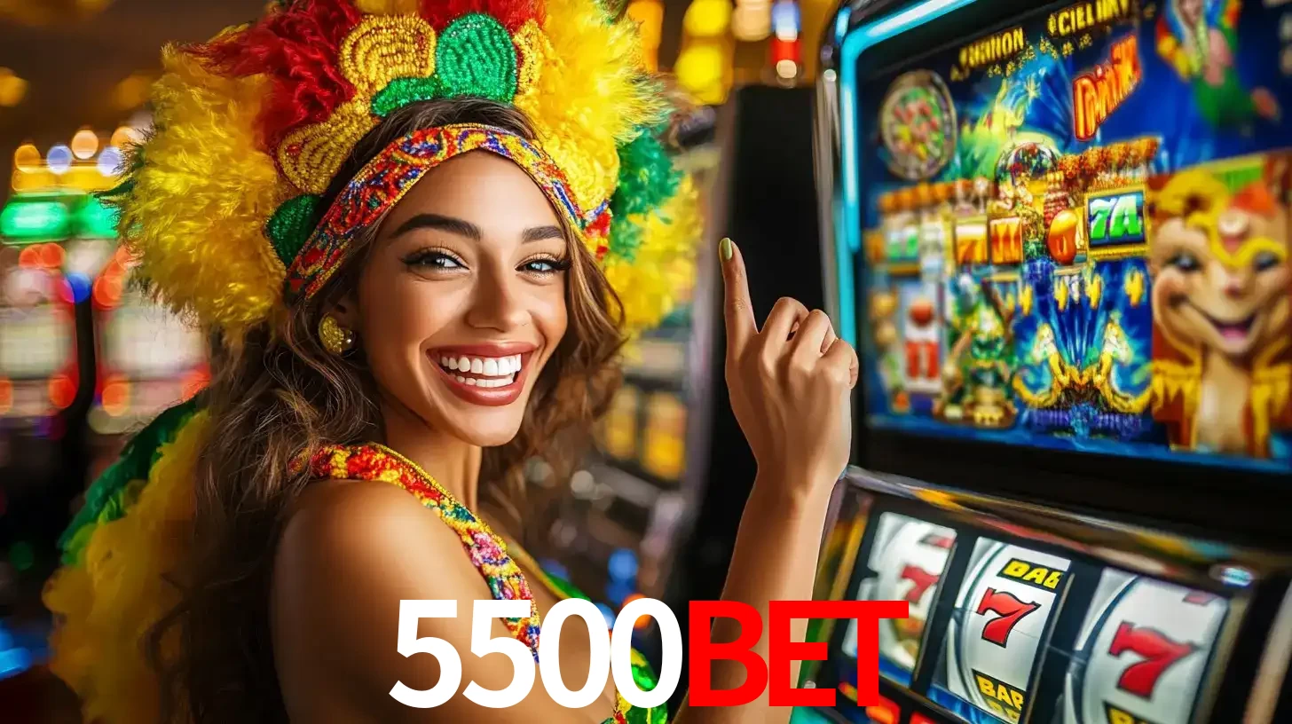 Mulher animada com um cocar de carnaval apontando para uma máquina de caça-níqueis, mostrando a emoção de ganhar um grande prêmio nos jogos do 5500bet.