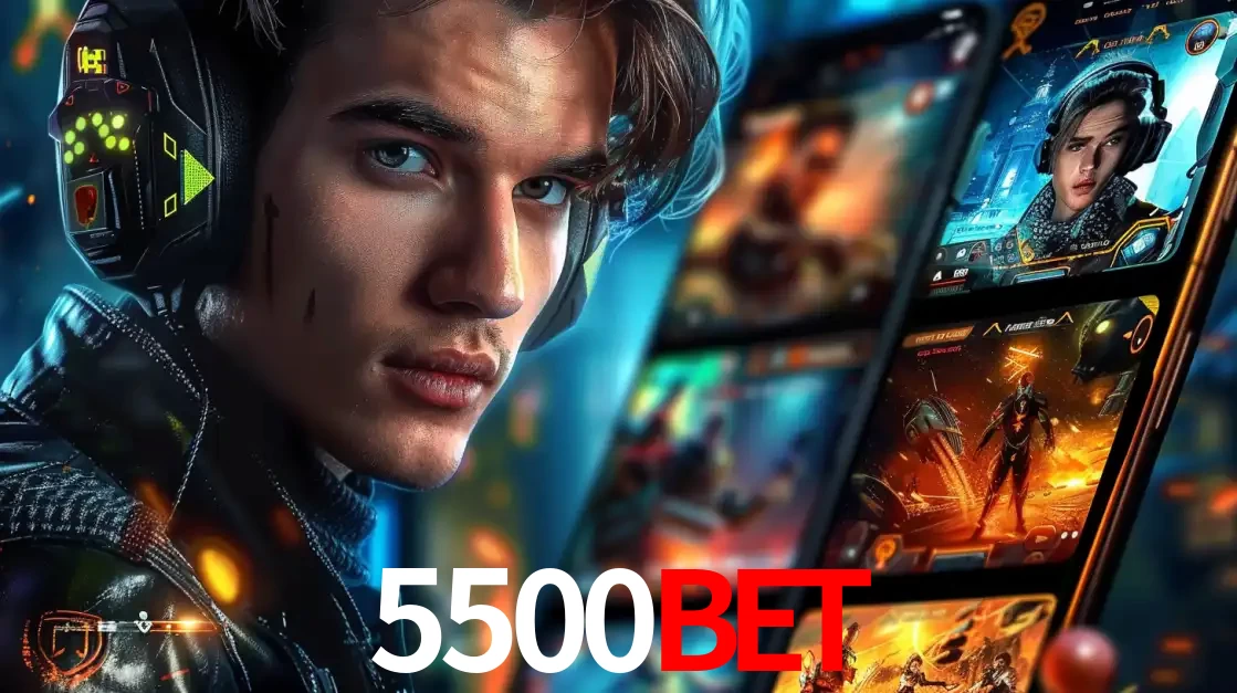 Jovem jogador com fones de ouvido olhando para a câmera, com um aplicativo de jogos e e-sports para celular ao fundo, pronto para a competição e apostas no 5500bet.