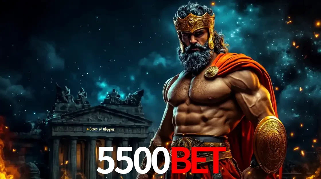 O poderoso Zeus do jogo de slot Gates of Olympus em frente ao seu templo, pronto para lançar multiplicadores divinos e prêmios épicos no cassino online 5500bet.