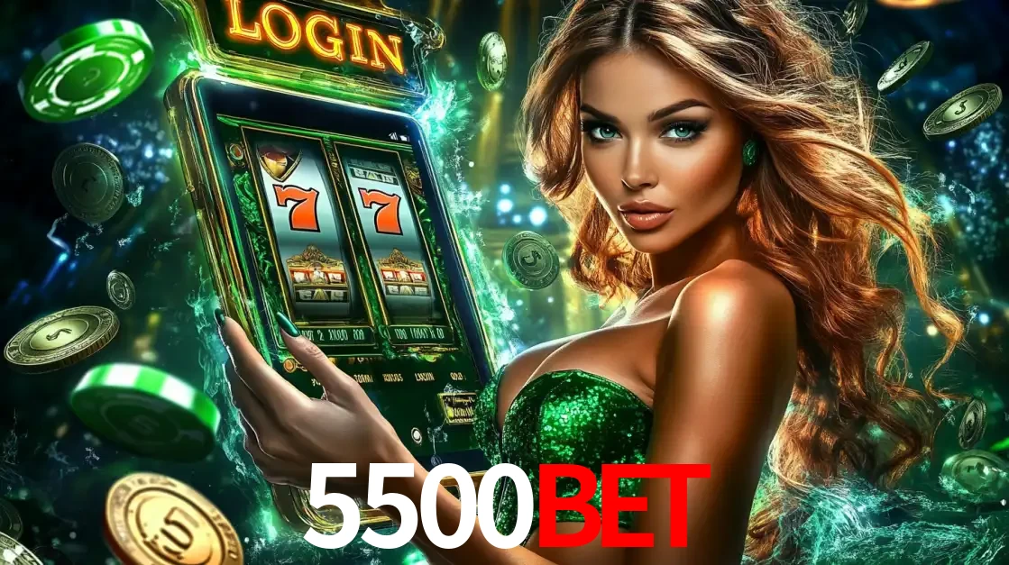Mulher com tema verde apresentando o aplicativo do cassino 5500bet com um jogo de slot de 777, cercada por fichas de cassino e uma aura de sorte.