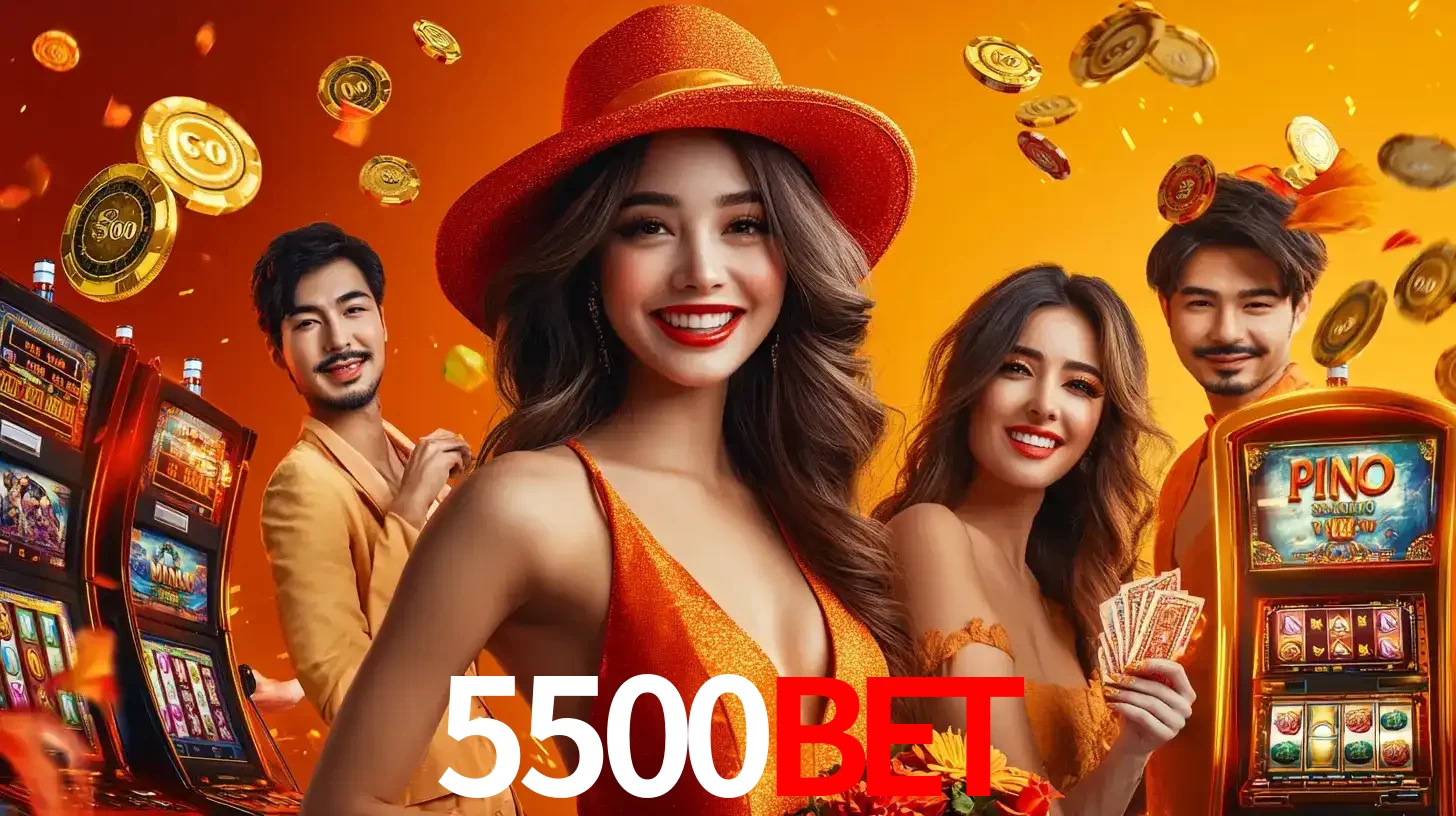 Grupo de amigos asiáticos sorrindo e se divertindo com máquinas de caça-níqueis em um ambiente festivo, celebrando suas vitórias nos jogos de cassino do 5500bet.