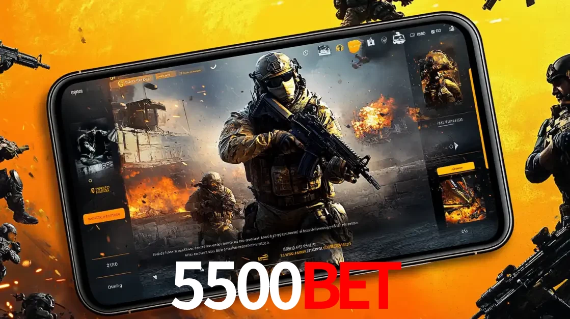 Um smartphone exibindo a interface de um jogo de tiro em primeira pessoa, com um soldado em um cenário de batalha, representando a ação dos e-sports para apostar no 5500bet.