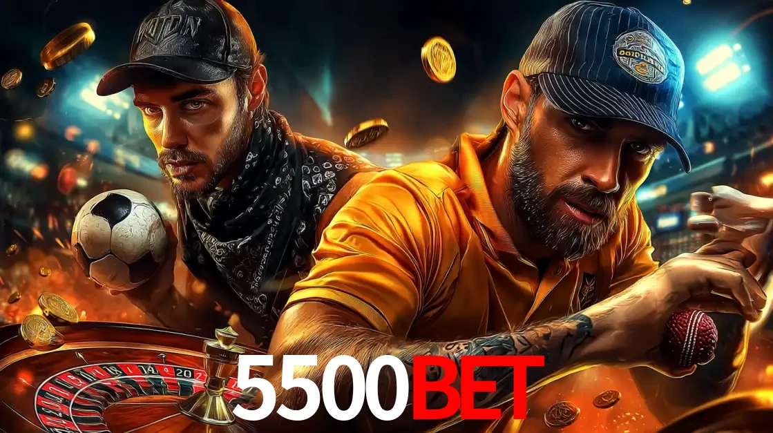 Montagem de apostas esportivas e cassino no 5500bet, com um homem segurando uma bola de futebol e outro uma de beisebol sobre uma roleta e moedas voadoras.