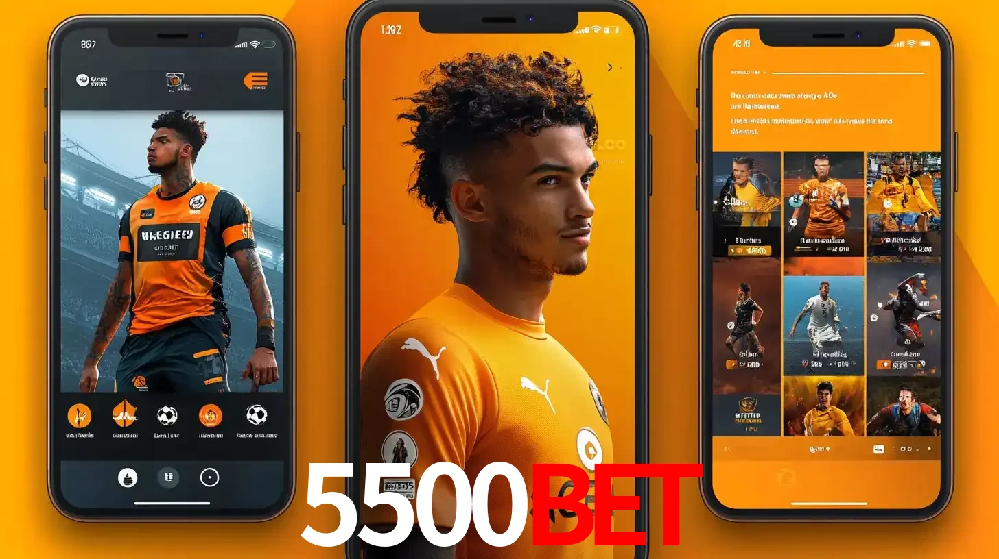 Interface do aplicativo de apostas esportivas 5500bet em três telas de celular, mostrando o perfil de um jogador de futebol e a lista de jogos disponíveis para apostar.