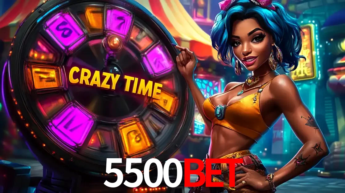 Mulher estilizada com cabelo azul e visual vibrante posando ao lado da roda de prêmios do game show Crazy Time, convidando para a diversão e os bônus do cassino 5500bet.