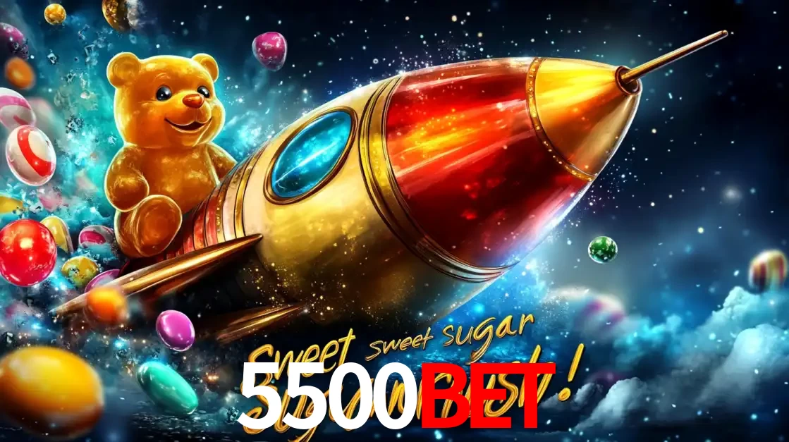 Arte promocional do jogo de slot Sugar Rush, com um urso de pelúcia em um foguete viajando pelo espaço de doces, um dos jogos divertidos disponíveis no cassino 5500bet.