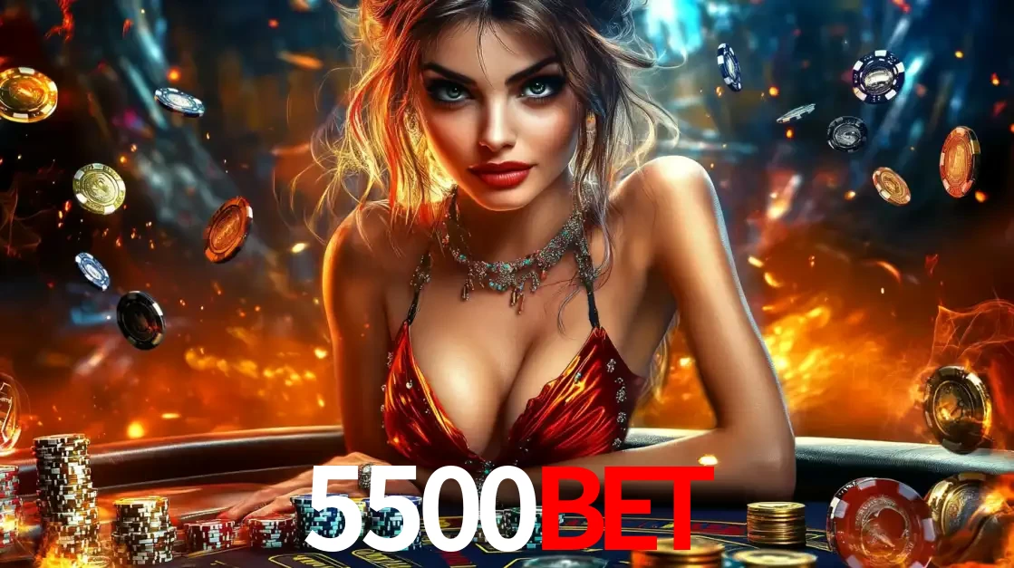 Mulher em uma mesa de cassino com pilhas de fichas e um fundo de fogo, pronta para uma rodada de altas apostas nos jogos de mesa emocionantes do cassino 5500bet.