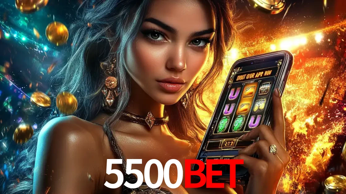 Mulher elegante mostrando um jogo de caça-níqueis em seu smartphone, destacando a experiência de cassino móvel oferecida pelo aplicativo 5500bet.