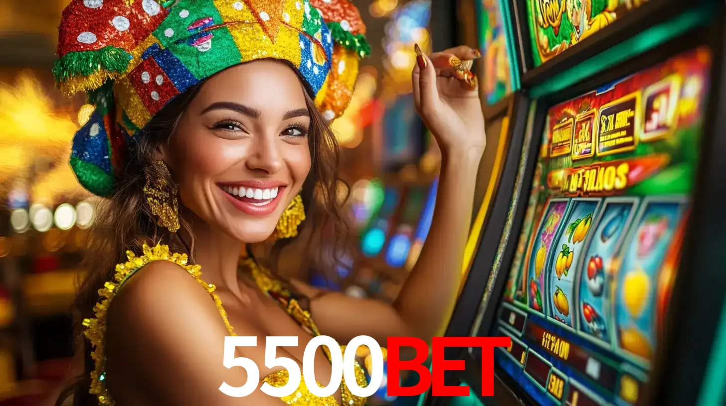 Mulher feliz com traje de carnaval amarelo e colorido ao lado de uma máquina de caça-níqueis, aproveitando a diversão e os jogos temáticos do cassino 5500bet.