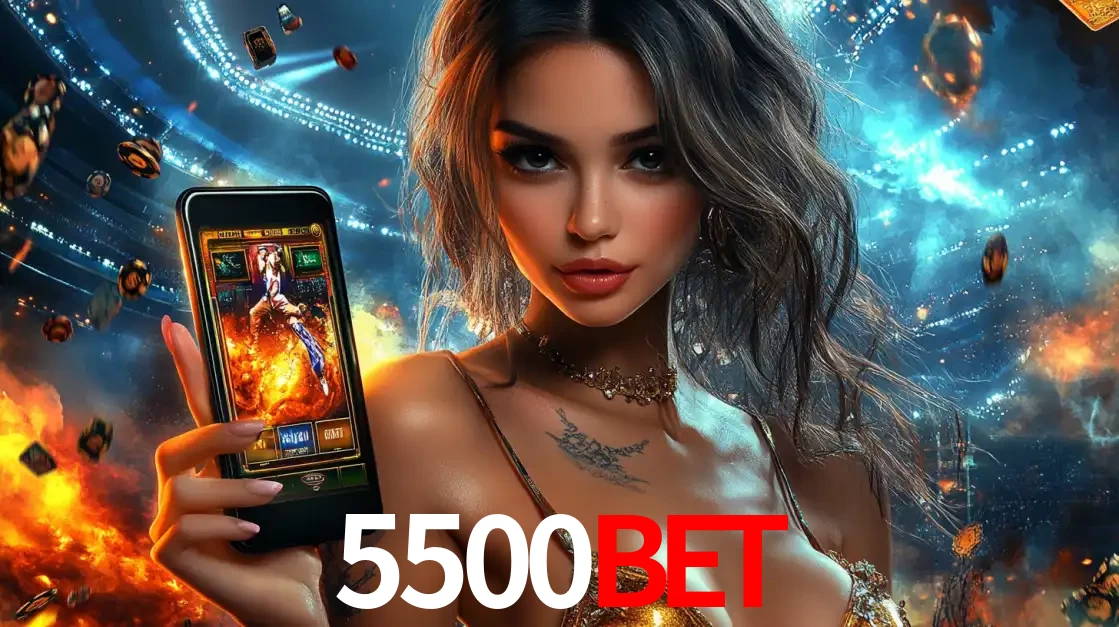 Mulher segurando um celular com um jogo de slot em destaque, tendo como fundo um estádio vibrante, simbolizando a emoção de jogar no cassino móvel 5500bet.
