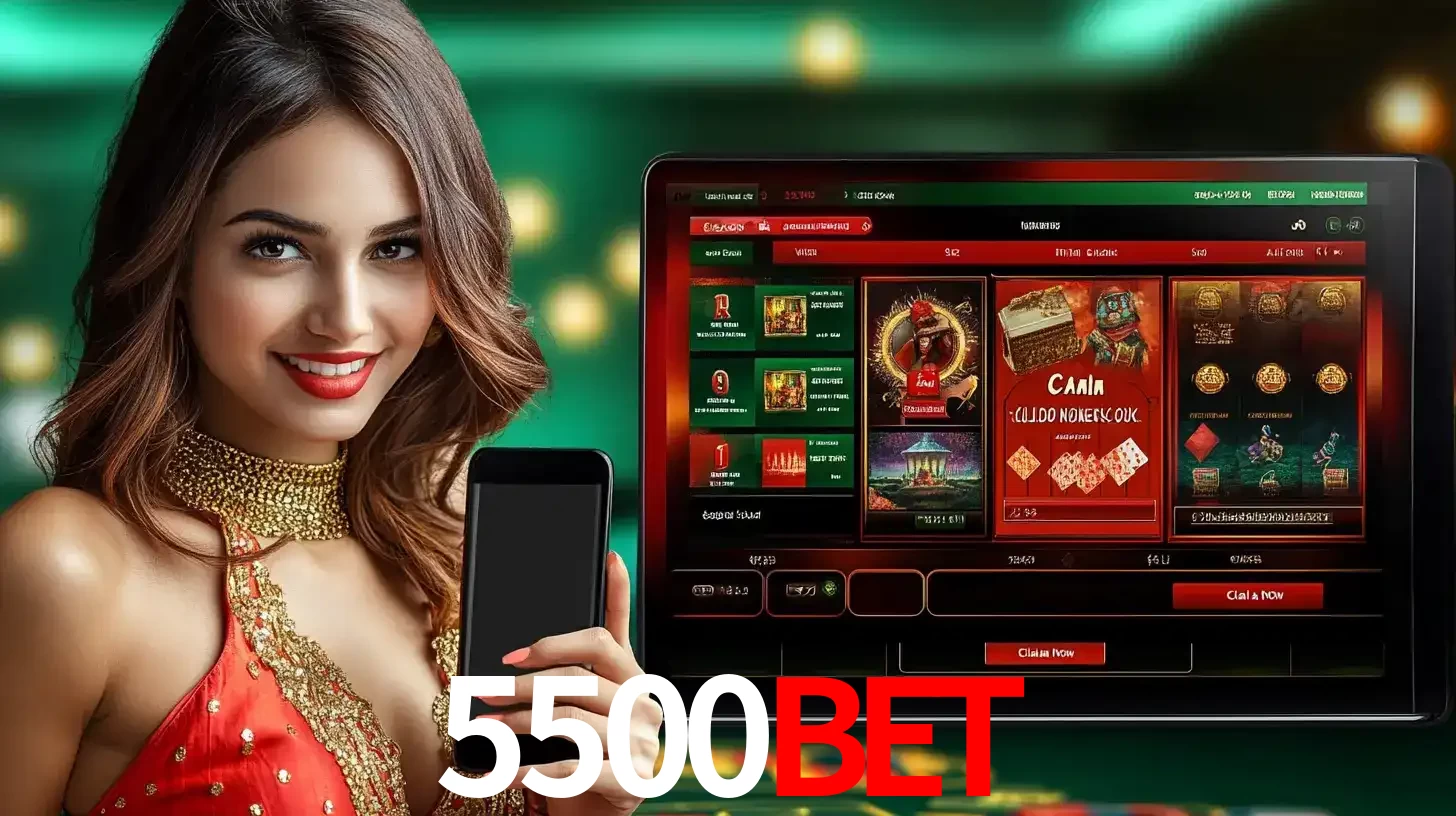 Mulher sorridente segurando um smartphone, ao lado de uma tela exibindo o lobby de jogos do cassino online 5500bet, com várias opções de jogos de cartas e slots.